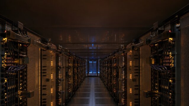 Warm glowing corridor of enterprise server racks in hyperscale data center aisle mockup