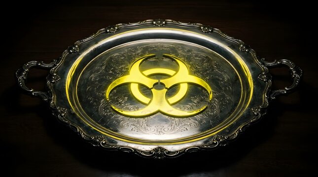 Glowing yellow biohazard symbol served on an ornate vintage silver tray representing hazardous consumption and dangerous toxic scientific experiments