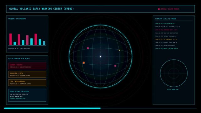 Futuristic Global Volcanic Early Warning System Interface with Rotating Data Visualization Display