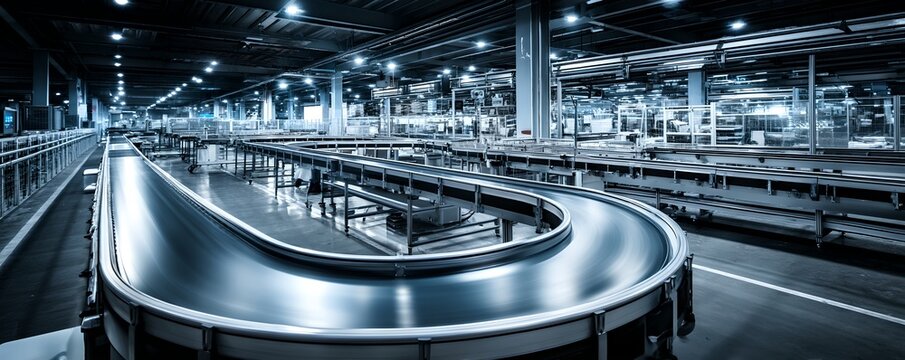 A wide shot of a modern factory floor with a conveyor belt system and industrial machinery in a cool blue light. The scene suggests automation and large-scale production