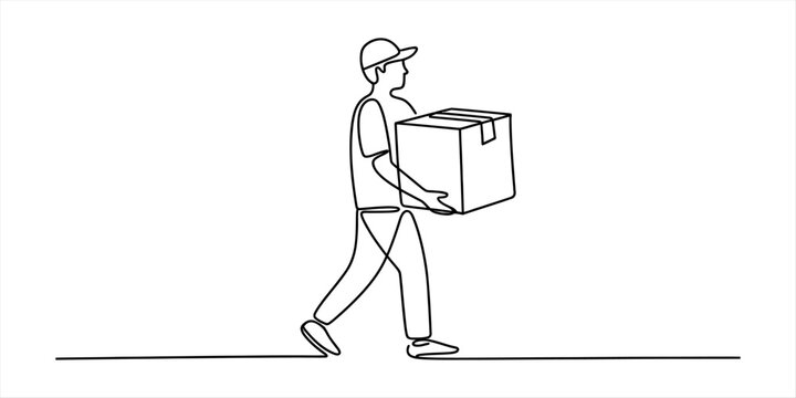 Delivery man walking and carrying a cardboard box in a continuous single line drawing style
