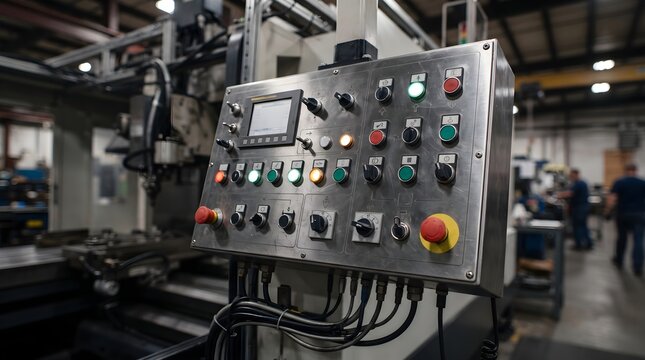 Realistic photo showing a control panel and electronic components on industrial machinery. Buttons, indicators, and control devices represent industrial automation, machine operation.