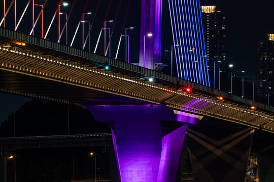 ow Angle of World Cup Bridge Pier Illuminated in Vibrant Purple