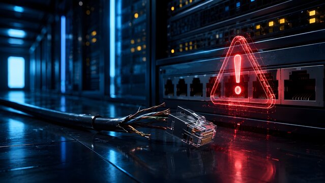 Damaged Ethernet Network Cable And Server Connection Failure Error Warning