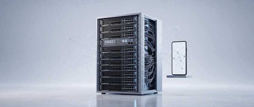 Modern data center server rack with network connectivity mesh and floating generic smartphone interface, representing high-speed cloud computing and digital technology infrastructure.