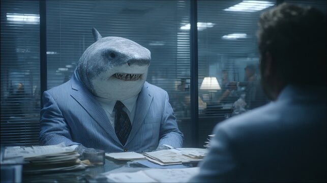 A person in a shark costume sitting at a desk in an office, facing another person