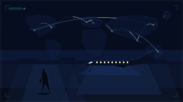 Pixel art animation of airport terminal with airplane and map background