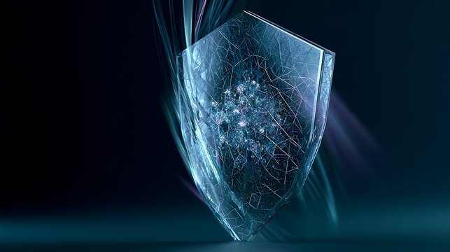 Post-quantum cybersecurity conceptual visualization, a single transparent glass shield protecting a compact cluster of luminous data cores