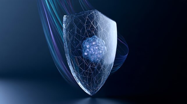 Post-quantum cybersecurity conceptual visualization, a single transparent glass shield protecting a compact cluster of luminous data cores