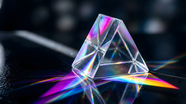 Transparent glass triangular prism refracting light with rainbow effect for scientific illustration
