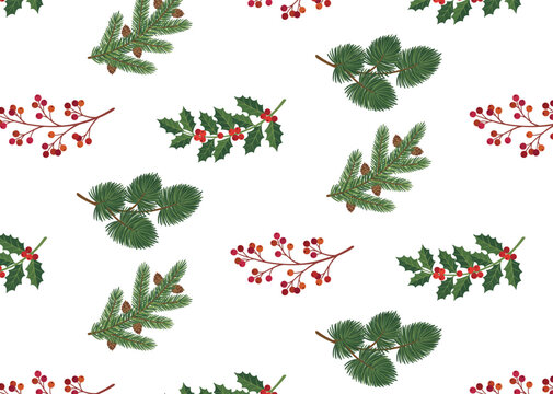 Vibrant winter pattern illustration featuring festive evergreen branches and red berries, creating a joyful seamless holiday design.