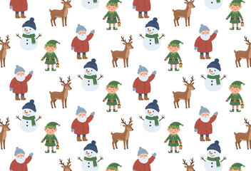 Fototapeta premium Festive winter holiday characters elves, snowmen, reindeer, and festive figures arranged in a charming seamless pattern illustration, perfect for seasonal designs