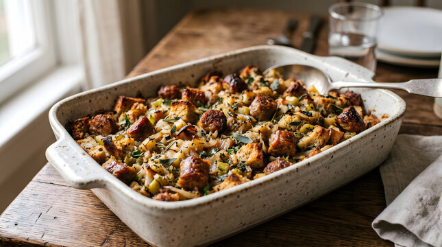 Sausage and herb stuffing in ceramic baking dish warm directional sidelight