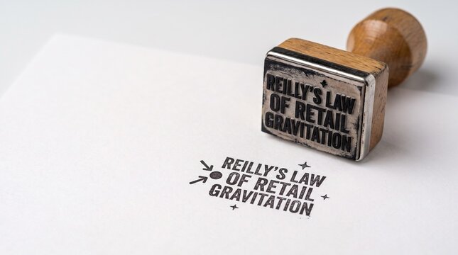 Wooden rubber stamp with Reilly's Law of Retail Gravitation text, retail economics concept on white paper, business marketing law ink stamp mockup