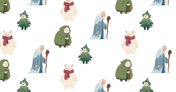 Enchanting winter forest pattern featuring mystical characters and woodland sprites artwork