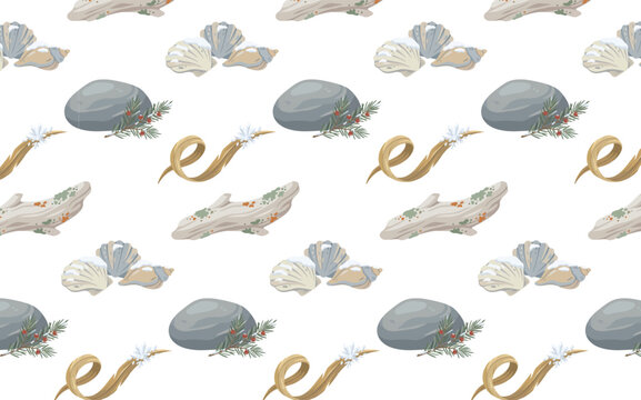 Abstract coastal winter pattern illustrating natural sea elements and materials, offering a serene environmental view with festive accents.