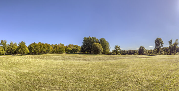 autumn park on sunny day. wide panoramic view.