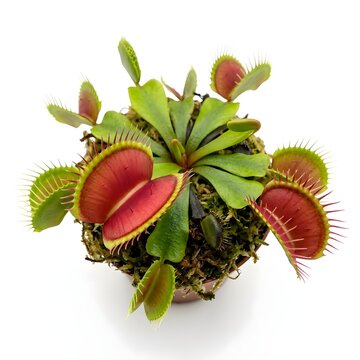 Venus flytrap plant with open red-green carnivorous traps and fresh green leaves, isolated on white background.