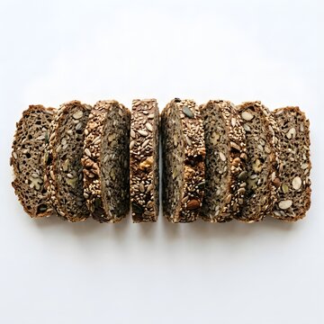 Stack of sliced multigrain bread rolls with a seeded crust, arranged horizontally on a white background.