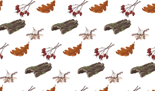 Seamless natural winter pattern featuring an array of oak leaves, berries, bark, and maple seeds for seasonal designs