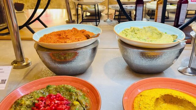 Gourmet mutabal, hummus and baba ghanoush dips at luxury five stars Sharm El Sheikh resort all inclusive buffet in Egypt. Premium arabian catering on Sinai Peninsula hotel restaurant mezze counter.
