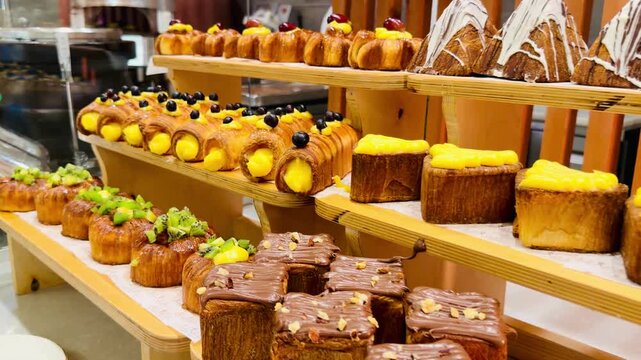Gourmet chocolate mini cakes with mango cream and fresh berries at luxury five stars Sharm El Sheikh resort all inclusive buffet in Egypt. Premium sweet dessert catering on Sinai Peninsula hotel.
