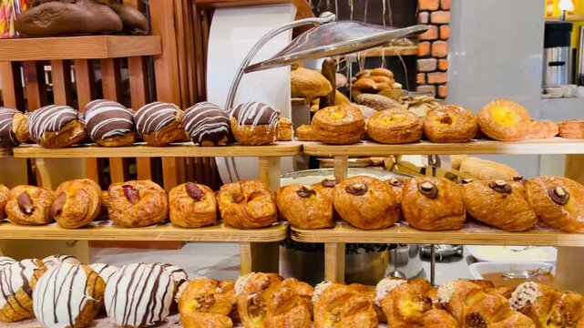 Chocolate donuts and sweet puff danish pastry at luxury five stars Sharm El Sheikh resort all inclusive buffet in Egypt. Premium sweet dessert catering on Sinai Peninsula hotel restaurant counter.
