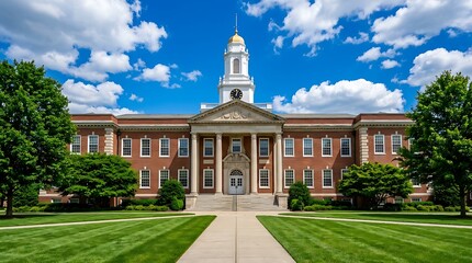 Obraz premium Historic brick university building with central clock tower and green lawn under bright blue sky during sunny daytime