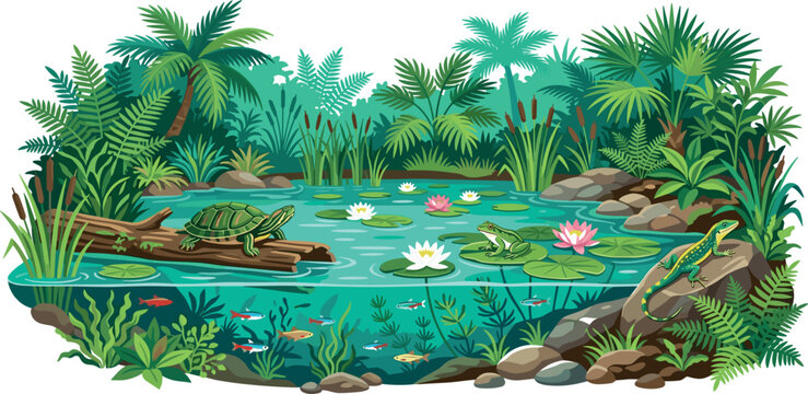 Tropical pond ecosystem vector illustration with turtle on log frog lizard fish and lotus flowers