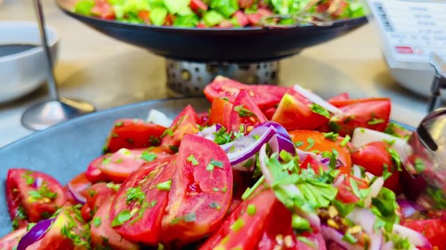 Fresh cucumber tomato salad and sliced red tomatoes at luxury five stars Sharm El Sheikh resort all inclusive buffet in Egypt. Premium food catering on Sinai Peninsula hotel restaurant counter.
