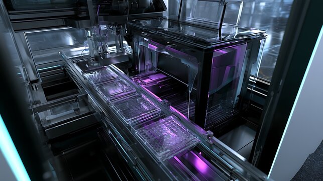 High-throughput pharmaceutical screening workstation, realistic multiwell assay plates moving along a compact automated laboratory conveyor into an enclosed plate reader