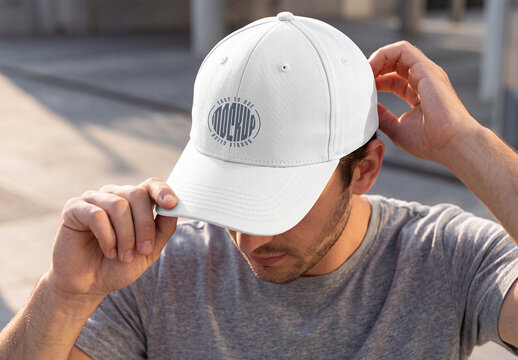 White Baseball Cap Mockup on Man