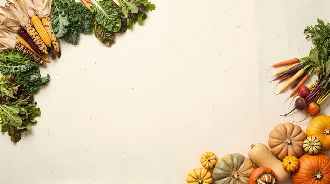 Fresh organic vegetables border, autumn harvest produce background, healthy food flat lay