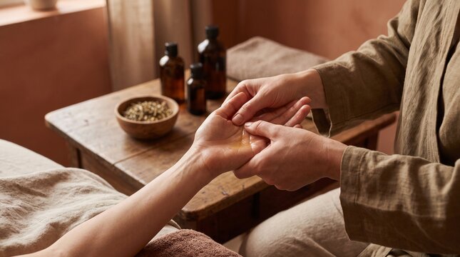 Therapist Pressing Marma Points on Palm During Ayurvedic Hand Massage