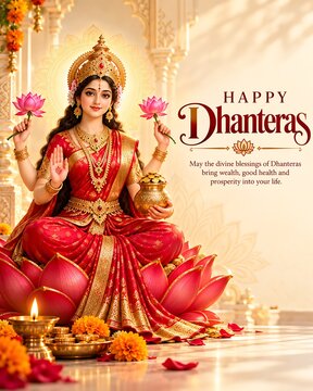 Hindu goddess lakshmi sitting on lotus flower during dhanteras celebration with dhanteras