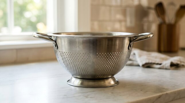 Stainless steel colander on a marble kitchen countertop