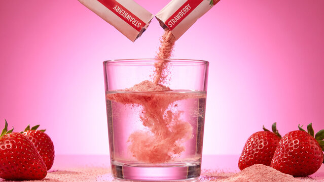 Strawberry drink powder dissolving in a glass of water with fresh berries. Instant beverage preparation and fruit flavor concept. Refreshment, hydration and powdered drink mix.
