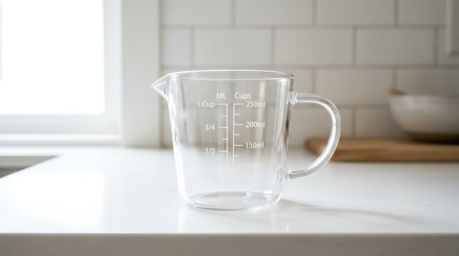 Empty glass measuring cup on white kitchen counter for cooking and baking
