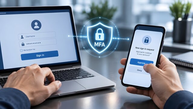 Multi Factor Authentication MFA Login Sign In Request On Laptop And Mobile Phone