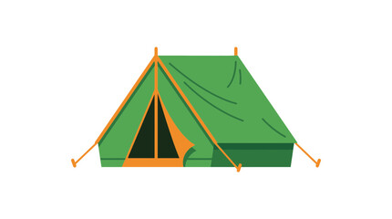Green triangular camping tent icon with orange accents for outdoor recreation and wilderness travel adventures. © jahida