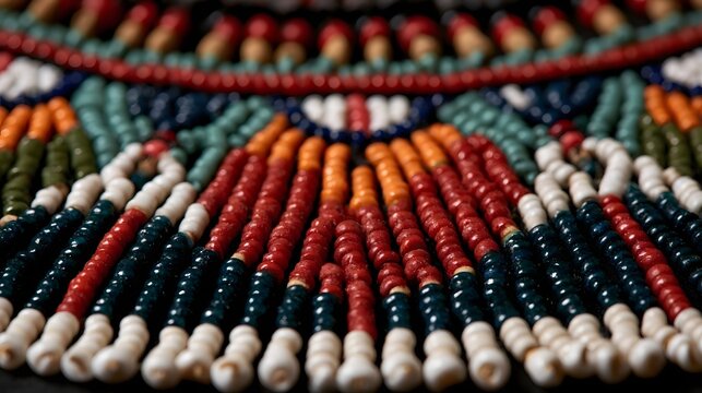 Close up of colorful traditional beads arranged in intricate geometric patterns with rich textures and vibrant hues