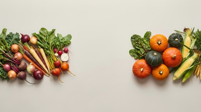 Fresh organic vegetables, autumn harvest produce layout, healthy food flat lay