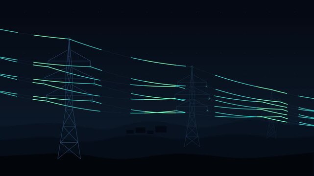 electricity transmission tower power line animation glowing blue data loop