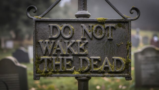 Spooky Cemetery Sign Warning Not to Wake the Dead in Foggy Atmosphere