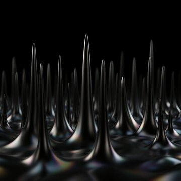 Black ferrofluid spikes rising with glossy metallic sheen and iridescent highlights