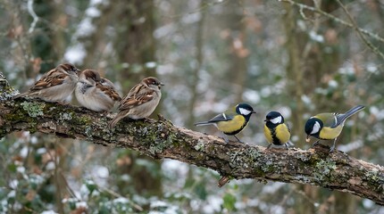 Six wild birds perched on a mossy tree branch in a winter forest setting © Jarin