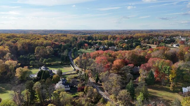 Aerial View of the low-density residential neighborhood in Greenville, Delaware, in Autumn

