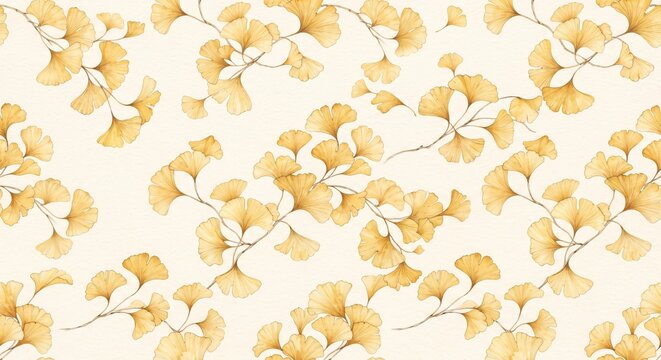 Golden Ginkgo Leaves Autumn Seamless Pattern Japanese Style Botanical Illustration