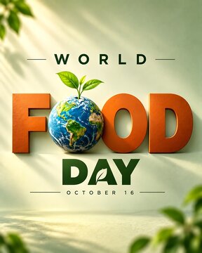World food day celebration with a small green plant growing from a globe on a desk