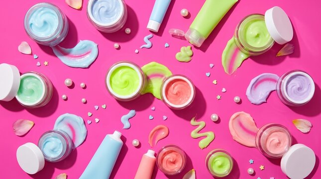 Cosmetic creams flat lay